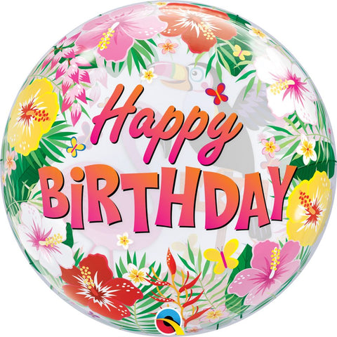 Ballon bubble - Happy Birthday fleurs tropicale